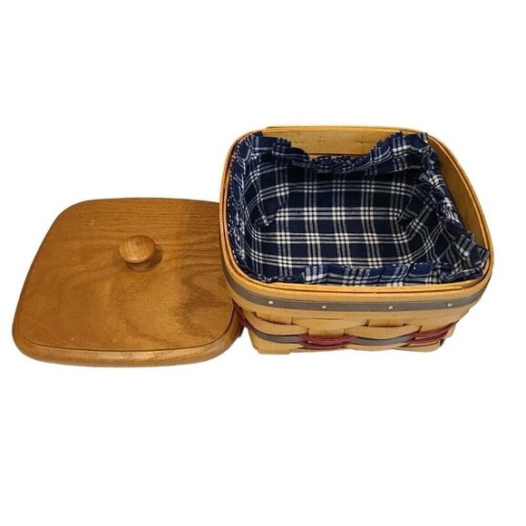 American Traditions Basket, 1998 Colorful removable Cloth liner, and Lid 8"x5" - Picture 2 of 9